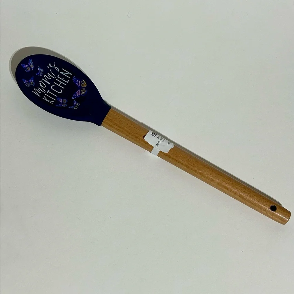 Silicone Spoon Wood Handle 11X2 Blue Purple Butterflies “Mom’s Kitchen” NWT New